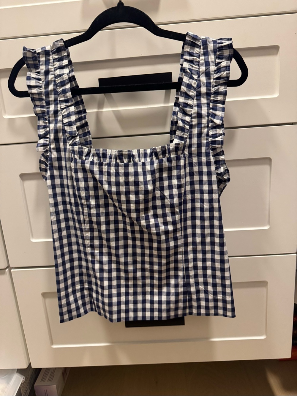 J. Crew Navy and White Gingham Ruffle Strap Camisole